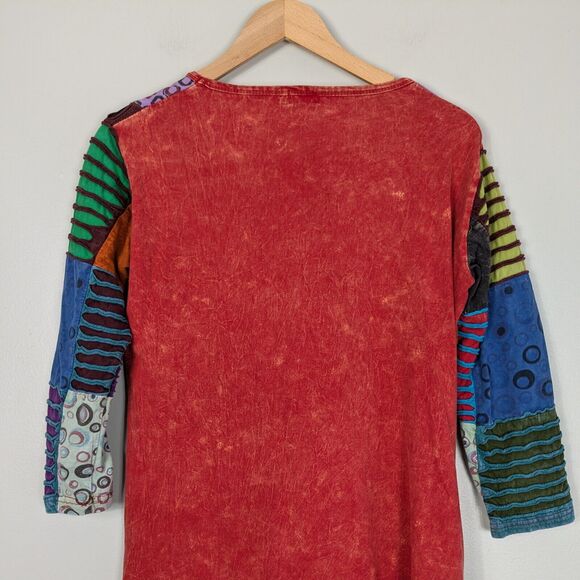 Patchwork Tunic Top L Multi Boho Hippie Colorful Eclectic Y2K Indie Red Blue - Picture 5 of 10